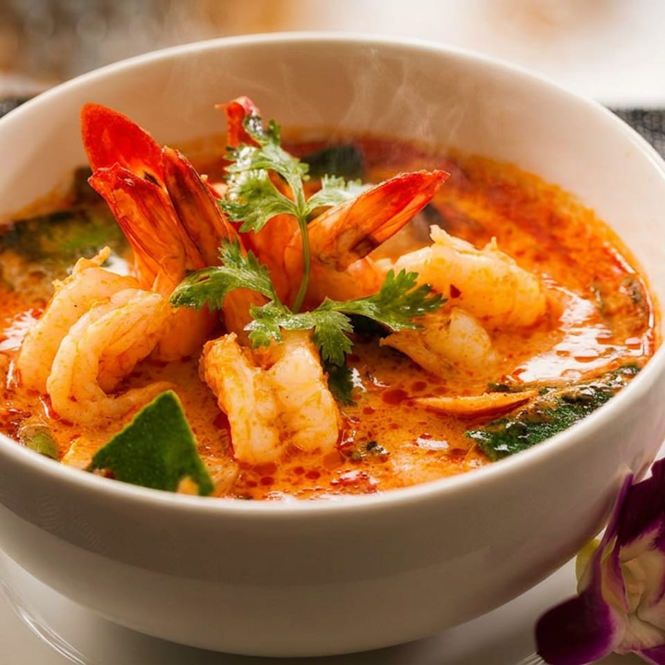 Steaming bowl of Tom Yum Goong, a spicy Thai shrimp soup, garnished with cilantro and a purple orchid.