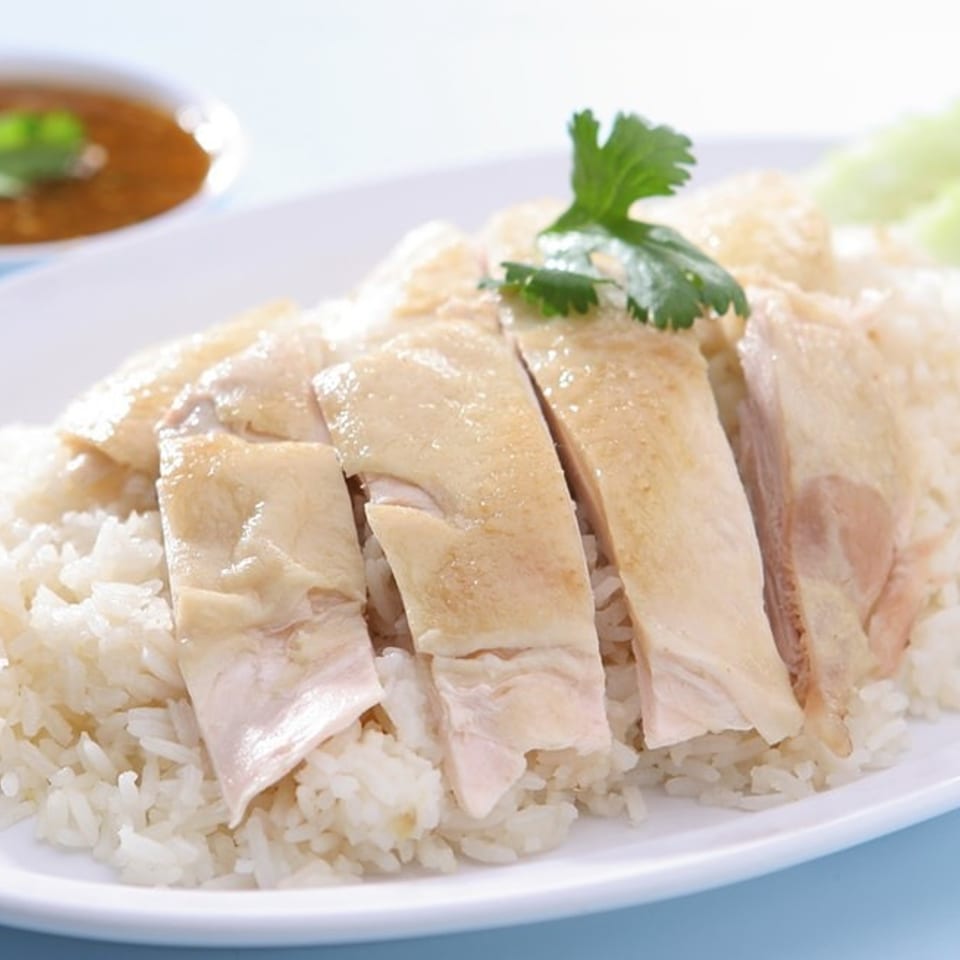 Hainanese chicken rice with sliced chicken, cilantro, cucumbers, and a dipping sauce.